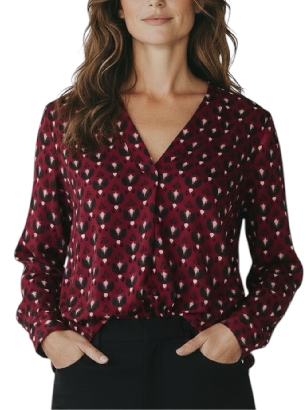 NWT WHITE HOUSE BLACK MARKET Red Printed V-Neck Long Sleeve Blouse Size X-Large
